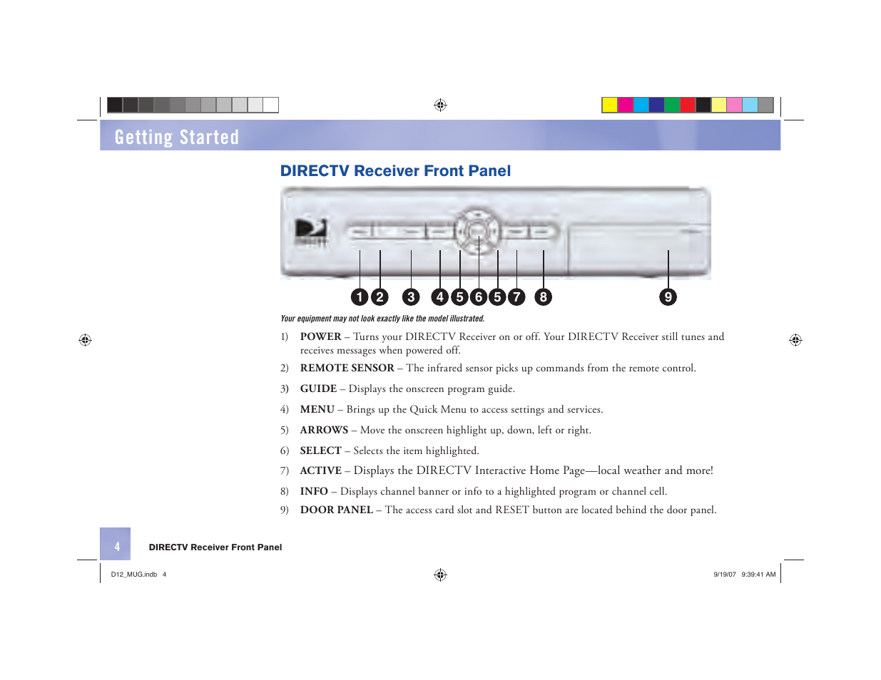Getting started, Directv receiver front panel | DirecTV D12 User Manual | Page 10 / 79