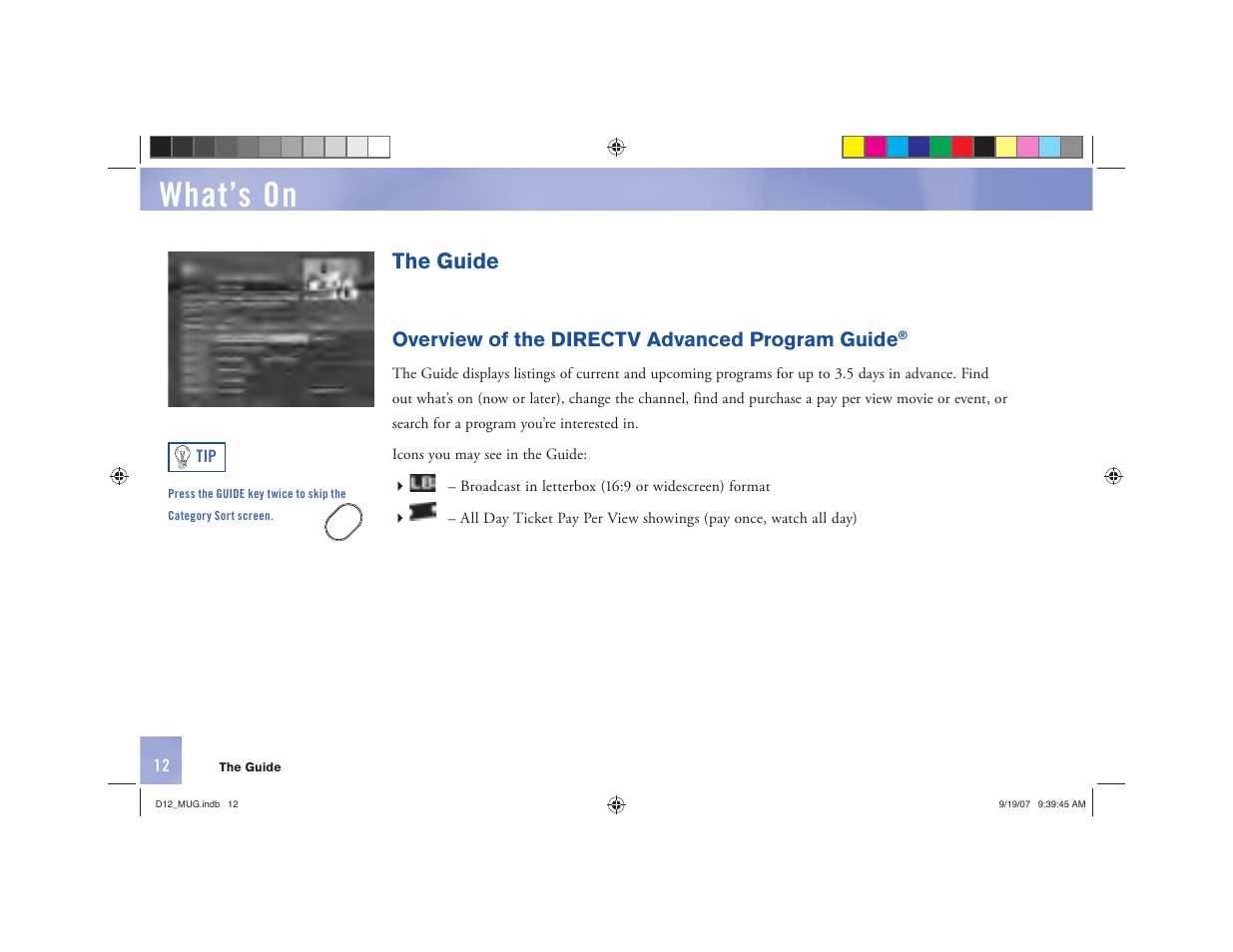 What’s on, The guide, Overview of the directv advanced program guide | DirecTV D12 User Manual | Page 18 / 79