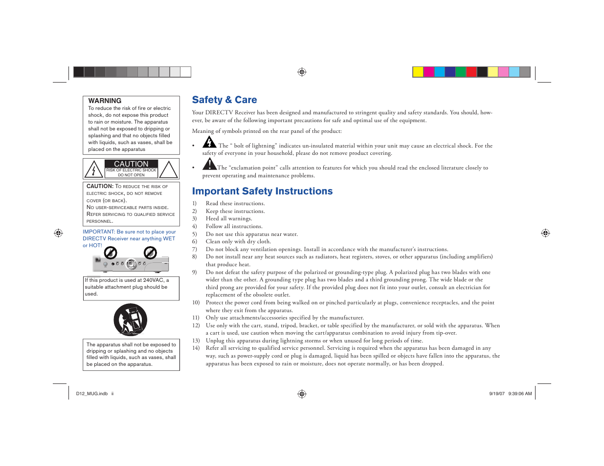 070919 d12 inside front cover.pdf, Safety & care, Important safety instructions | Caution | DirecTV D12 User Manual | Page 2 / 79