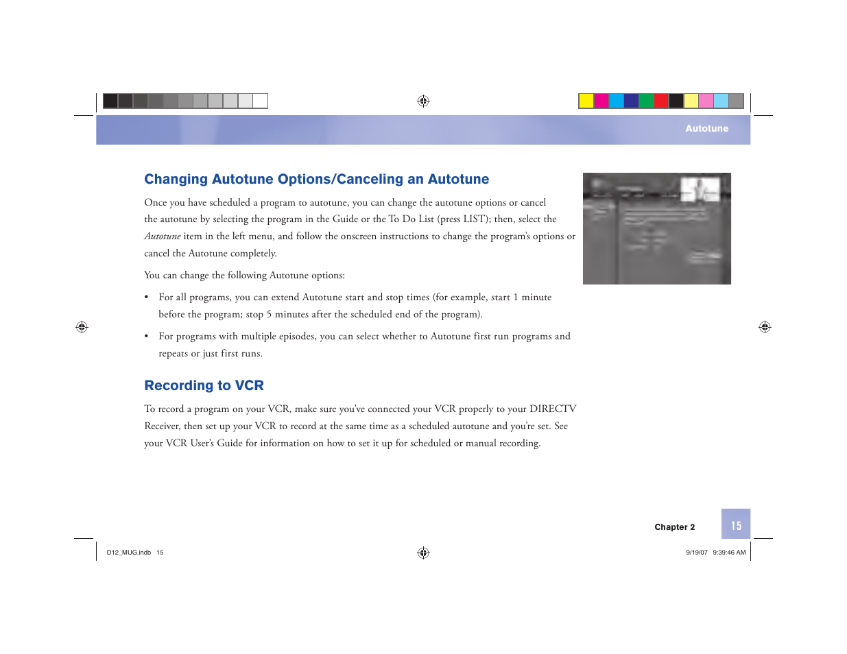 Changing autotune options/canceling an autotune, Recording to vcr | DirecTV D12 User Manual | Page 21 / 79
