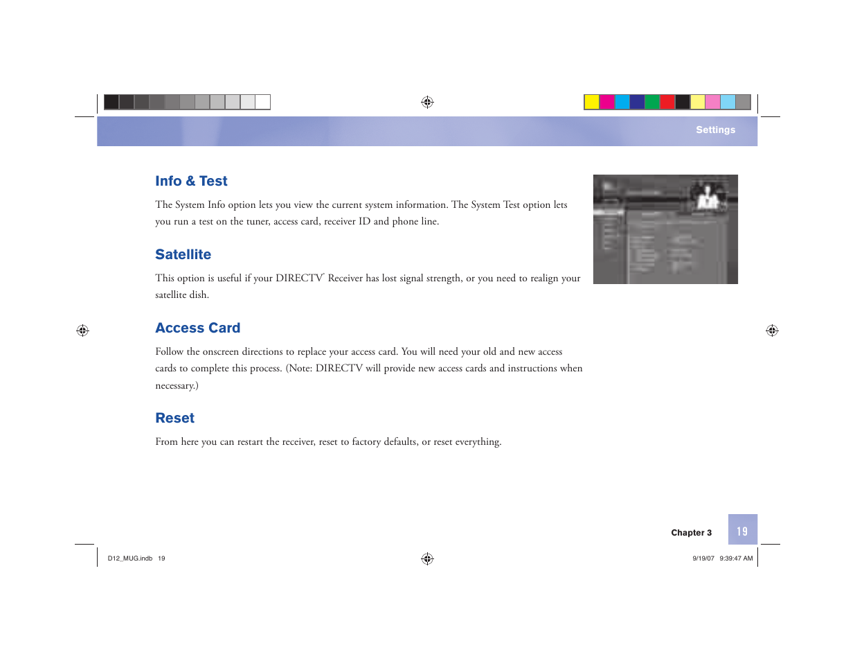 Info & test, Satellite, Access card | Reset | DirecTV D12 User Manual | Page 25 / 79