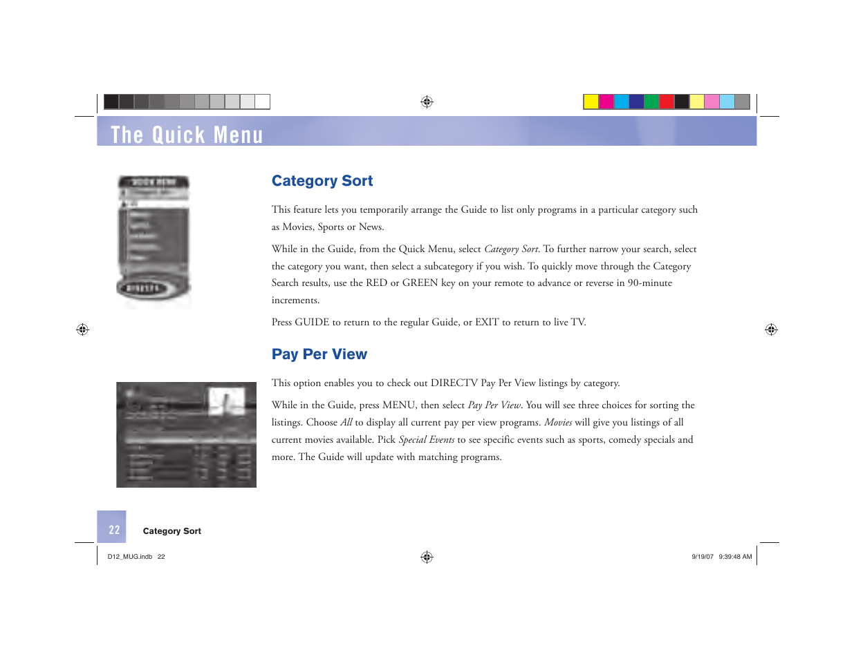 The quick menu, Category sort, Pay per view | DirecTV D12 User Manual | Page 28 / 79