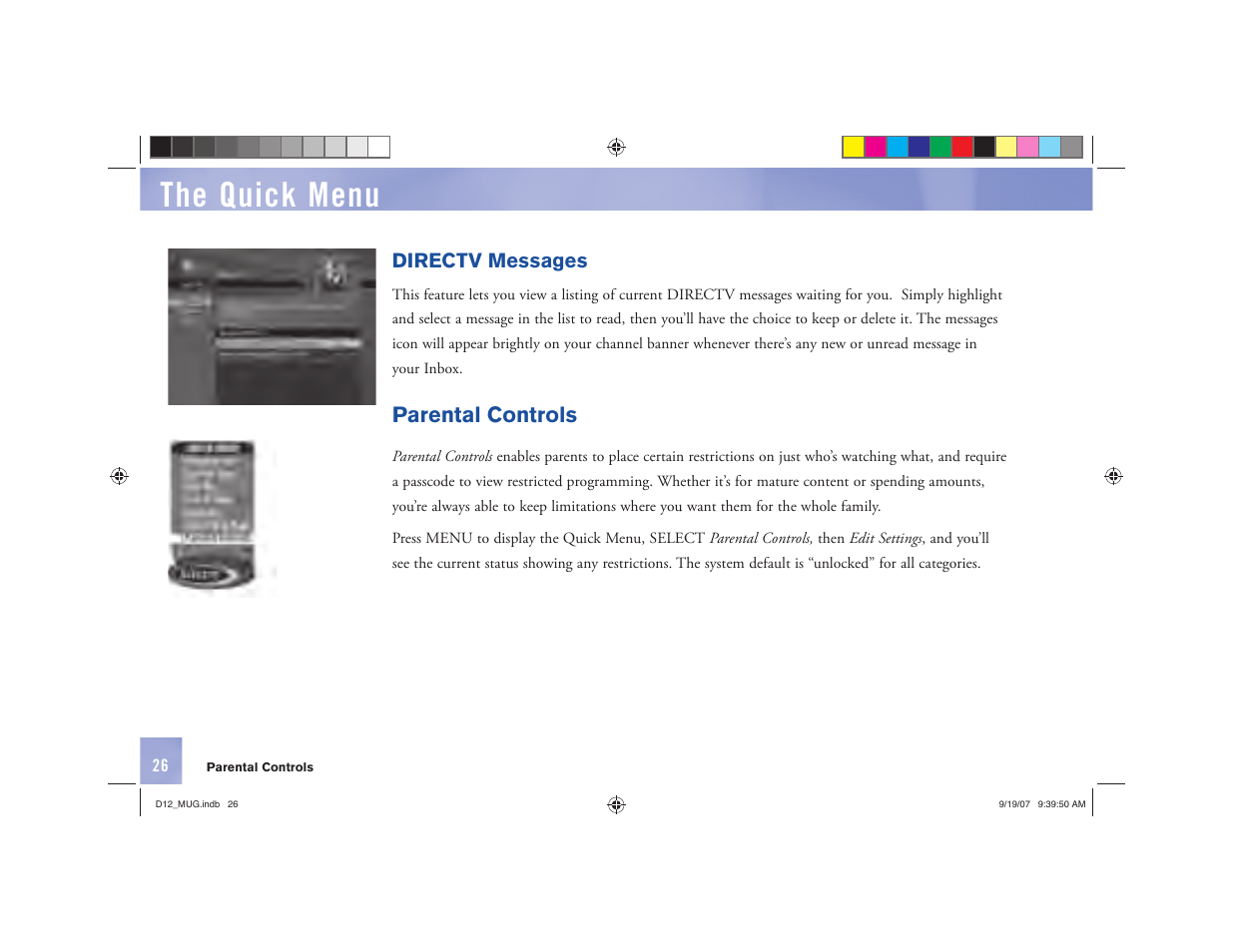 The quick menu, Parental controls | DirecTV D12 User Manual | Page 32 / 79