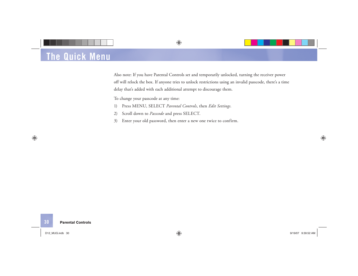 The quick menu | DirecTV D12 User Manual | Page 36 / 79