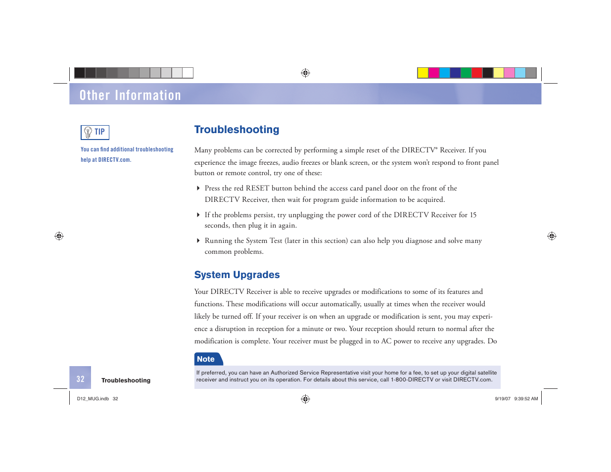 Other information, Troubleshooting, System upgrades | DirecTV D12 User Manual | Page 38 / 79