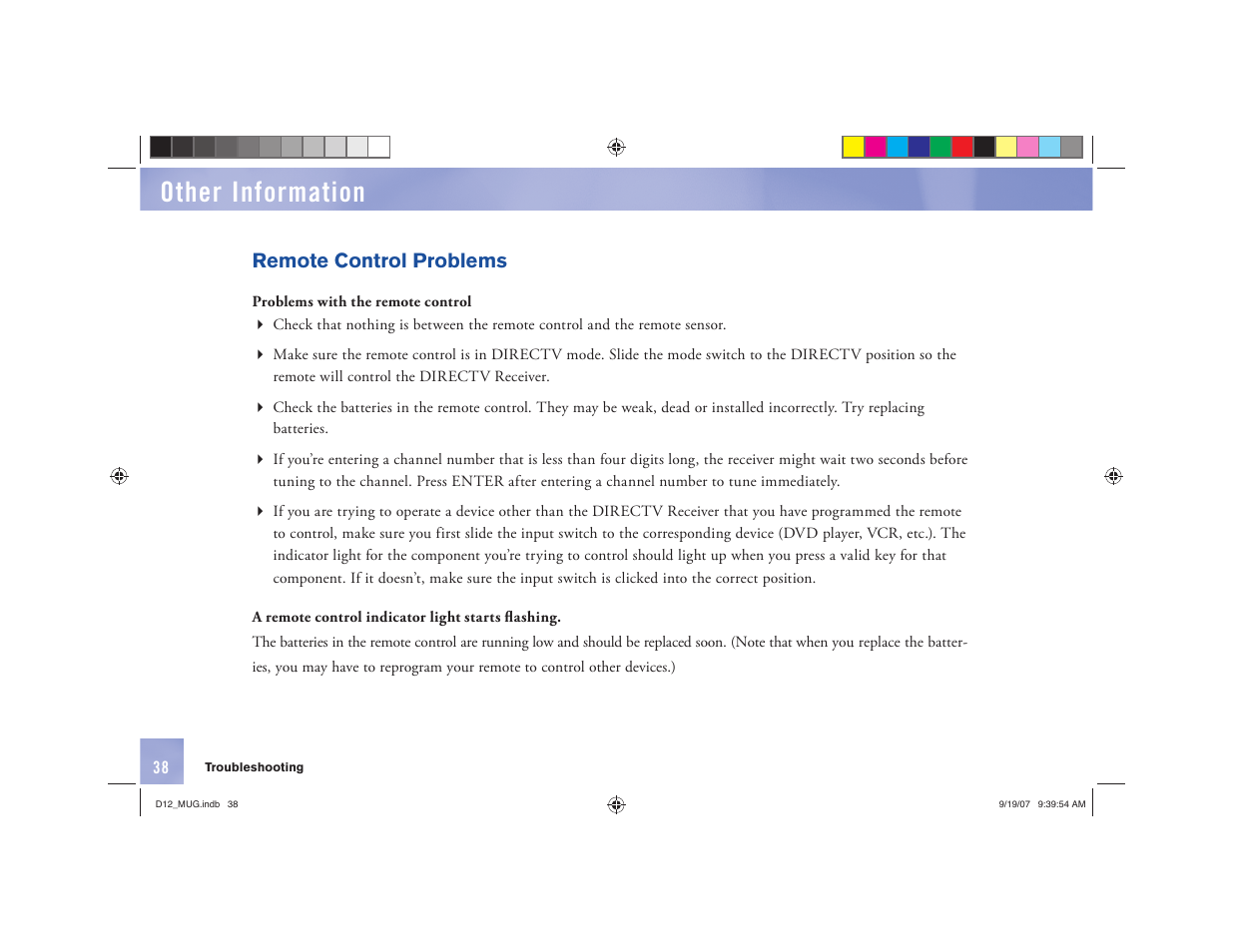 Other information, Remote control problems | DirecTV D12 User Manual | Page 44 / 79