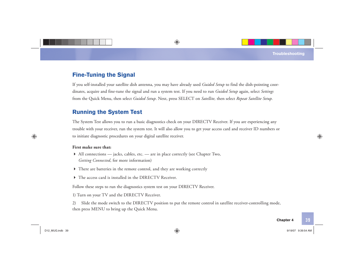 Fine-tuning the signal, Running the system test | DirecTV D12 User Manual | Page 45 / 79