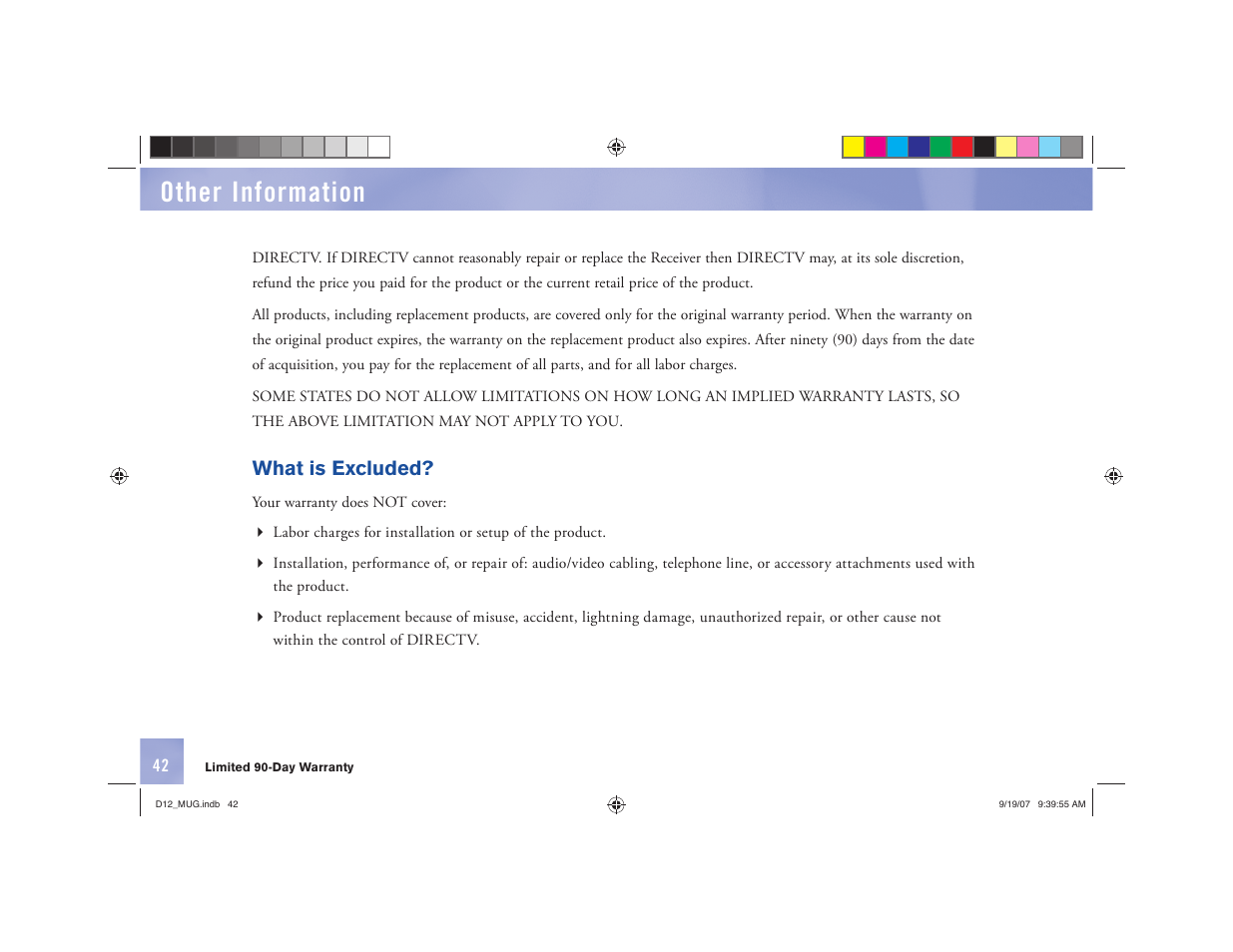 Other information, What is excluded | DirecTV D12 User Manual | Page 48 / 79