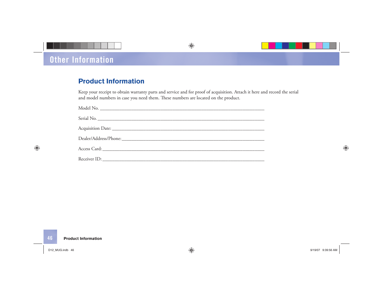 Other information, Product information | DirecTV D12 User Manual | Page 52 / 79