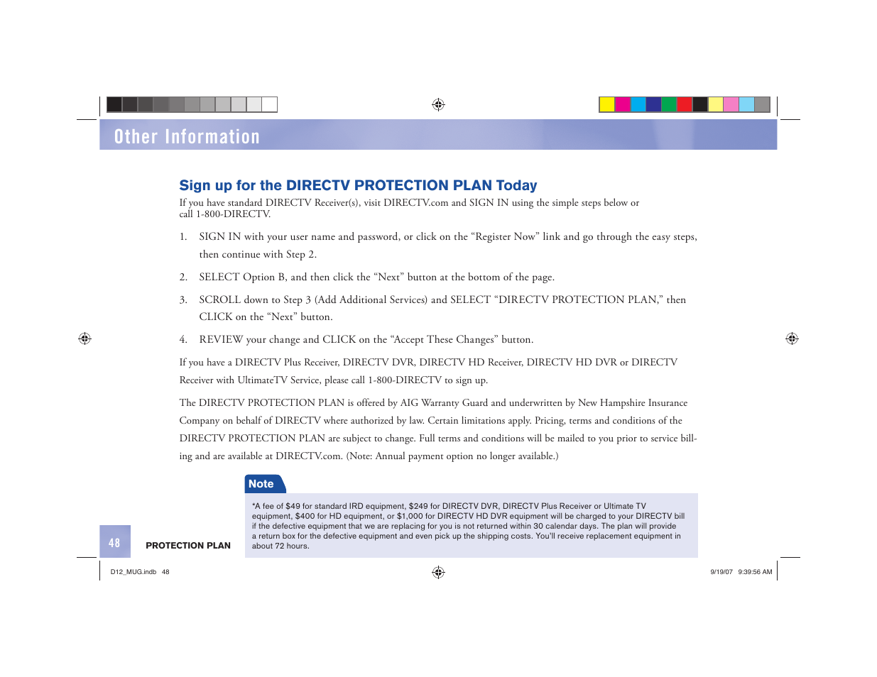 Other information, Sign up for the directv protection plan today | DirecTV D12 User Manual | Page 54 / 79