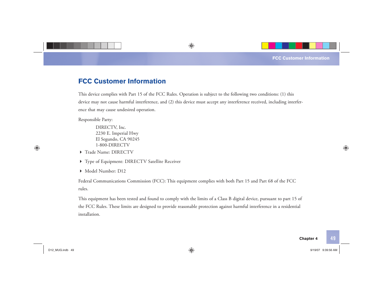 Fcc customer information | DirecTV D12 User Manual | Page 55 / 79