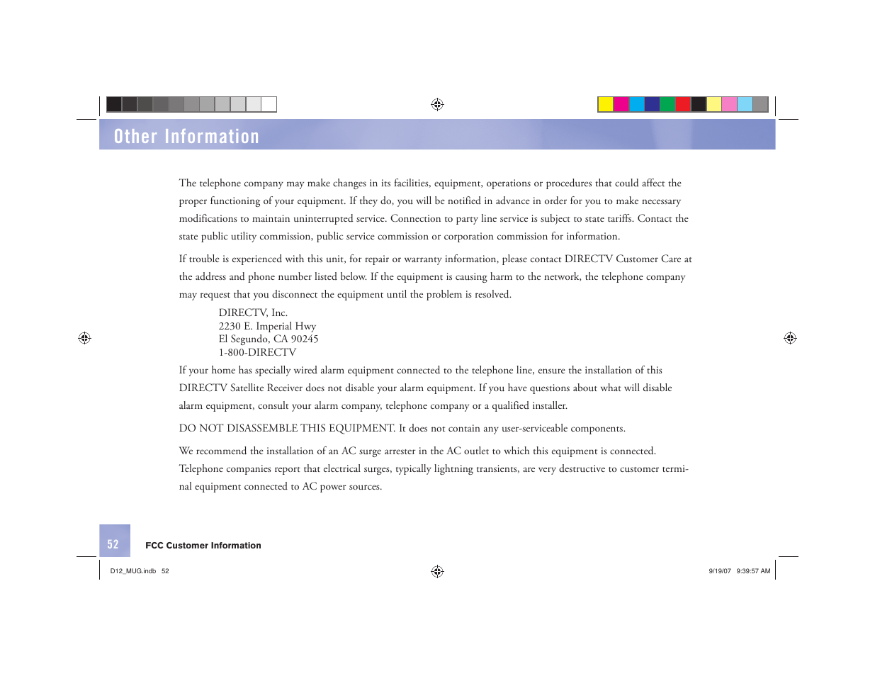 Other information | DirecTV D12 User Manual | Page 58 / 79