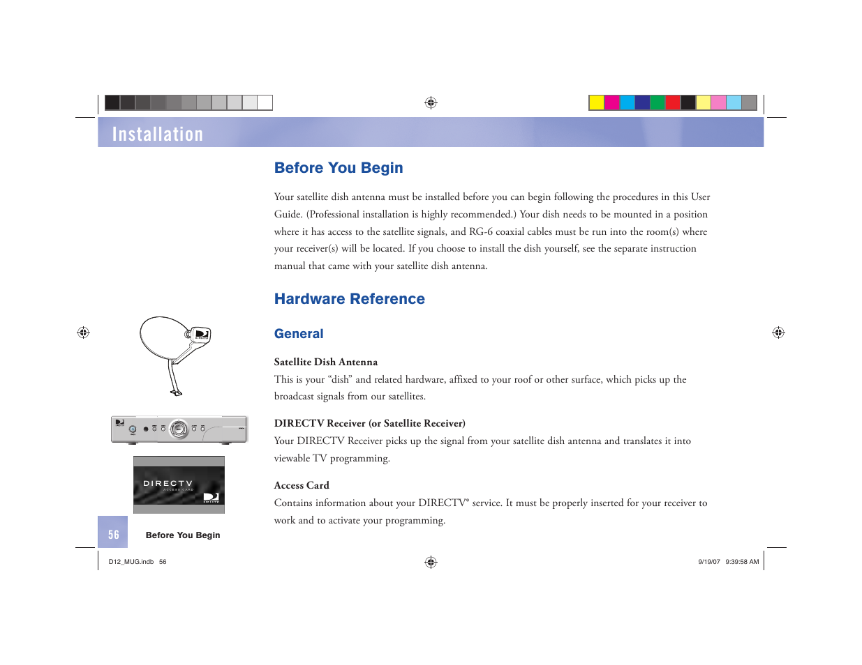 Installation, Before you begin, Hardware reference | DirecTV D12 User Manual | Page 62 / 79