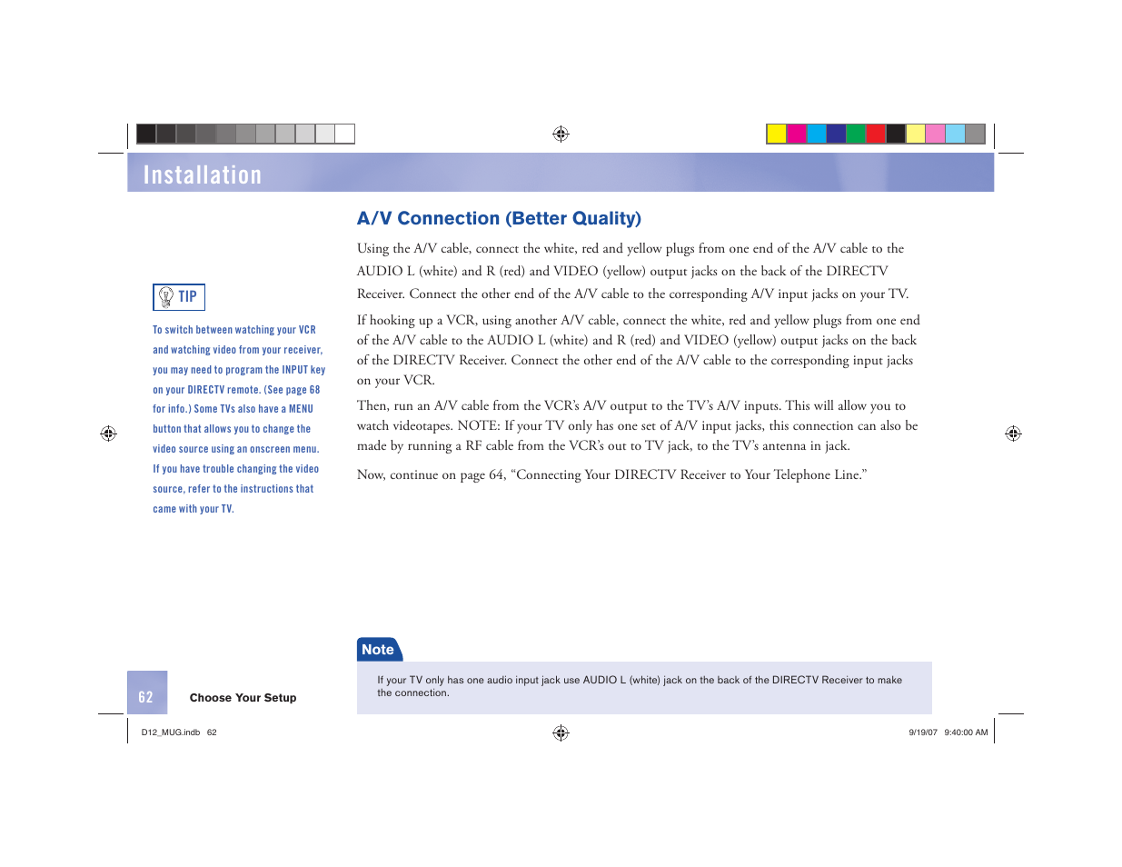 Installation, A/v connection (better quality) | DirecTV D12 User Manual | Page 68 / 79