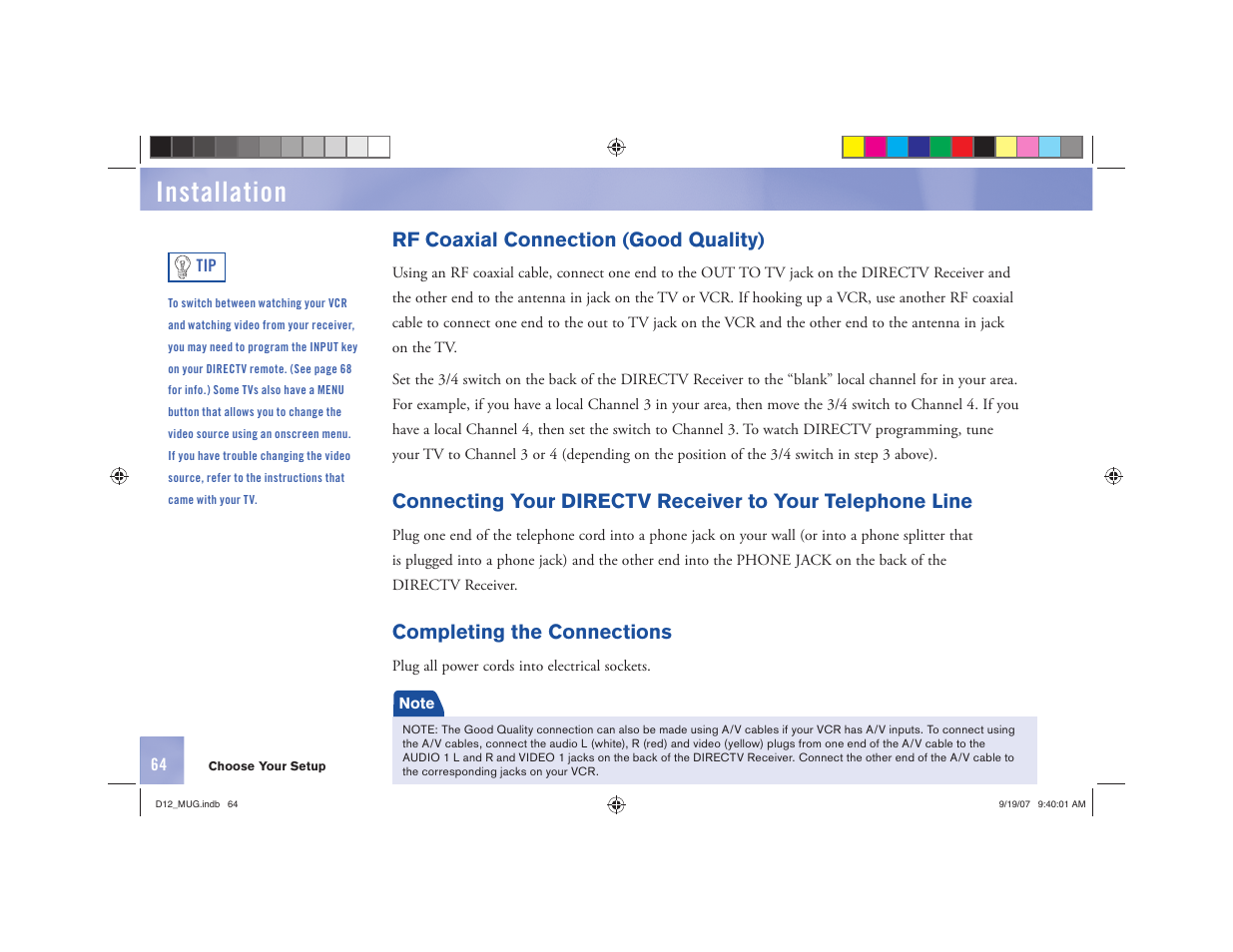 Installation, Rf coaxial connection (good quality), Completing the connections | DirecTV D12 User Manual | Page 70 / 79