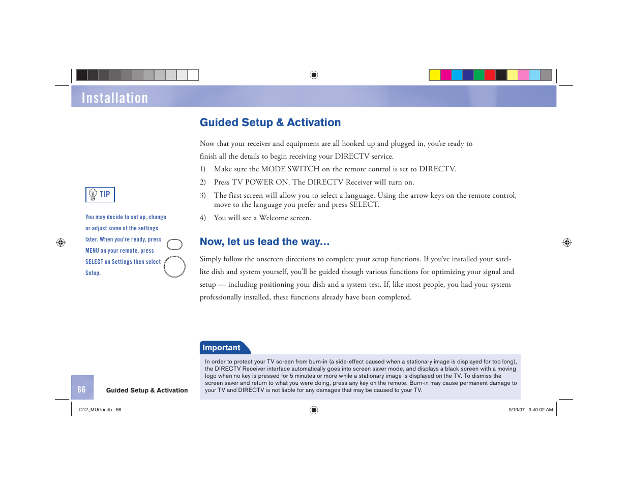 Installation, Guided setup & activation, Now, let us lead the way | DirecTV D12 User Manual | Page 72 / 79