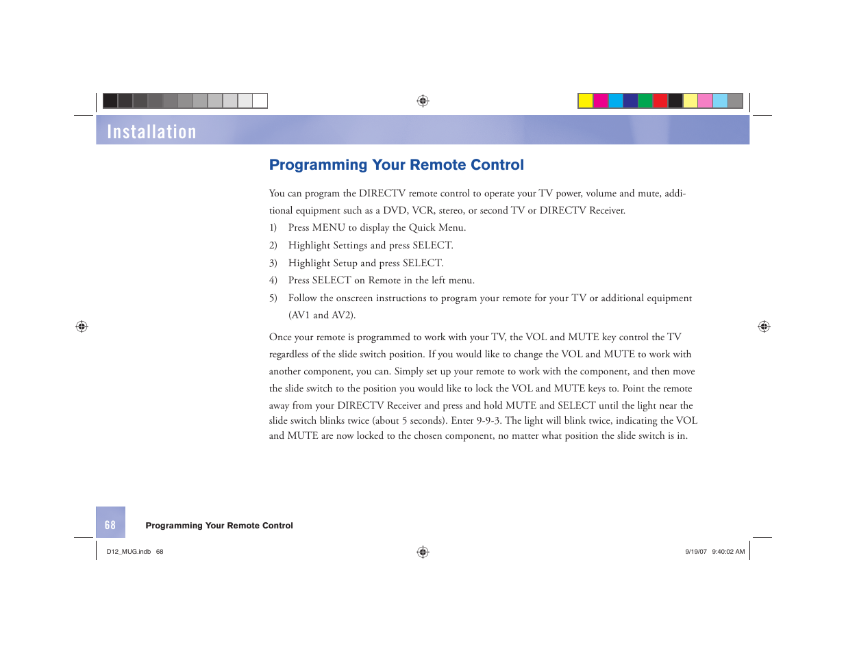 Installation, Programming your remote control | DirecTV D12 User Manual | Page 74 / 79