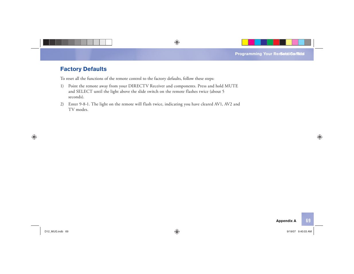 Factory defaults | DirecTV D12 User Manual | Page 75 / 79