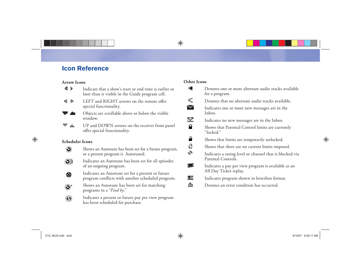 070919 d12 inside back cover.pdf, Icon reference | DirecTV D12 User Manual | Page 79 / 79