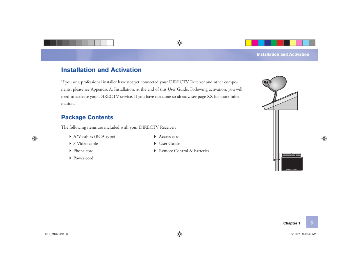 Installation and activation, Package contents | DirecTV D12 User Manual | Page 9 / 79