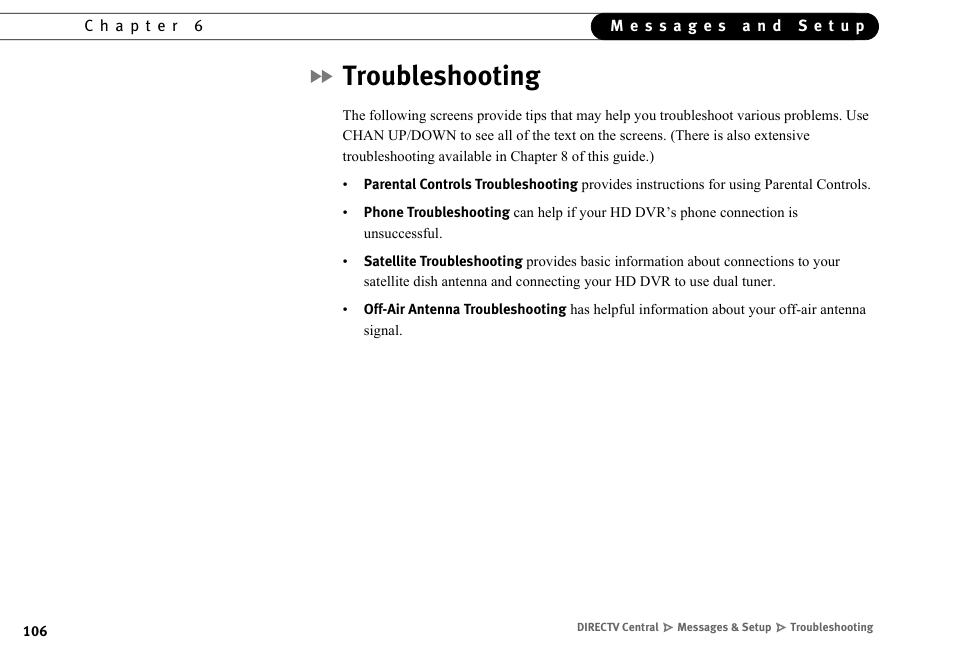 Troubleshooting | DirecTV HR10-250 User Manual | Page 116 / 188