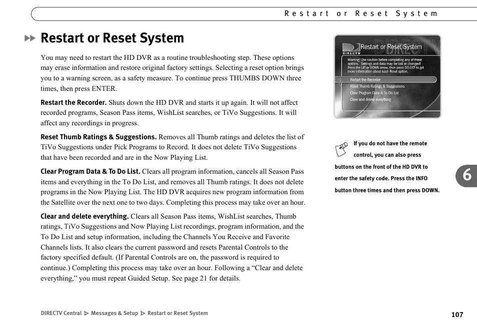 Restart or reset system | DirecTV HR10-250 User Manual | Page 117 / 188