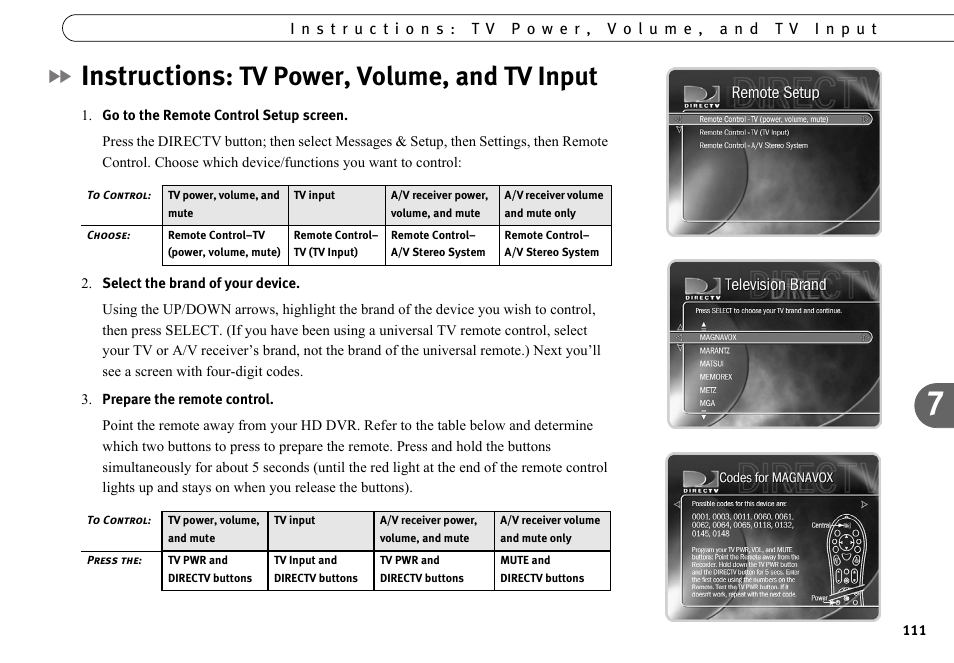 Instructions: tv power, volume, and tv input, Instructions, Tv power, volume, and tv input | DirecTV HR10-250 User Manual | Page 121 / 188