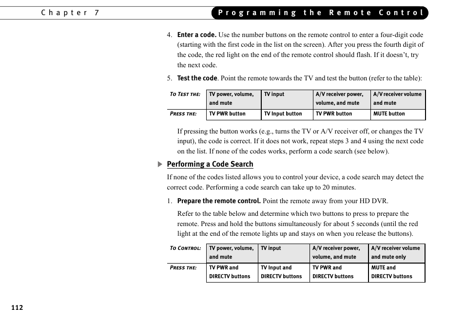 Performing a code search | DirecTV HR10-250 User Manual | Page 122 / 188