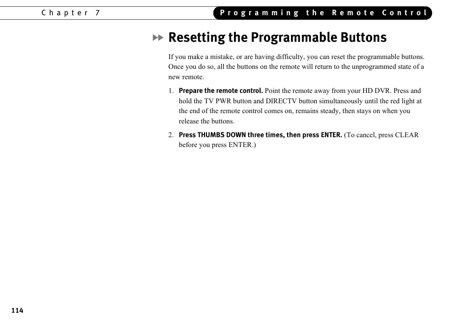 Resetting the programmable buttons | DirecTV HR10-250 User Manual | Page 124 / 188