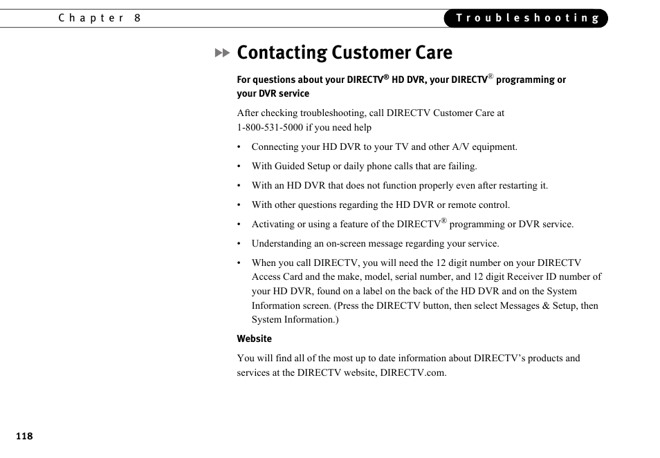 Contacting customer care | DirecTV HR10-250 User Manual | Page 128 / 188