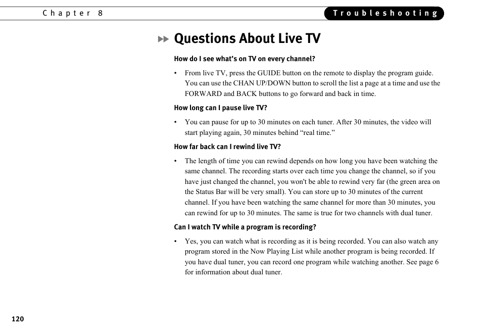 Questions about live tv | DirecTV HR10-250 User Manual | Page 130 / 188