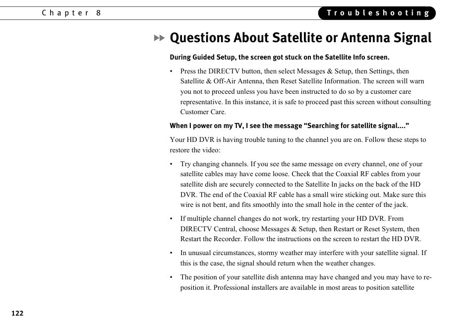 Questions about satellite or antenna signal | DirecTV HR10-250 User Manual | Page 132 / 188