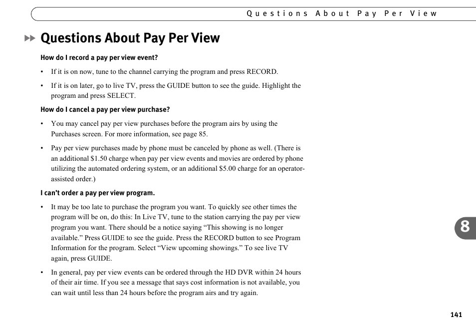Questions about pay per view | DirecTV HR10-250 User Manual | Page 151 / 188