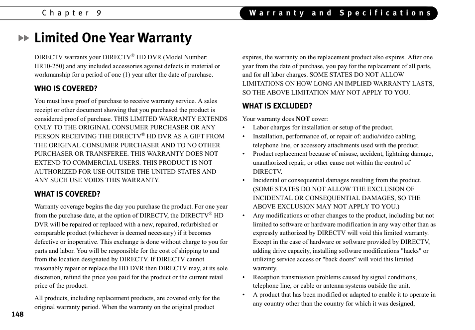 Limited one year warranty | DirecTV HR10-250 User Manual | Page 158 / 188