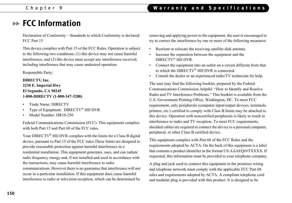 Fcc information | DirecTV HR10-250 User Manual | Page 160 / 188