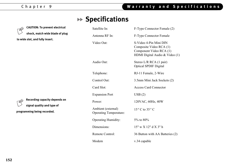 Specifications | DirecTV HR10-250 User Manual | Page 162 / 188