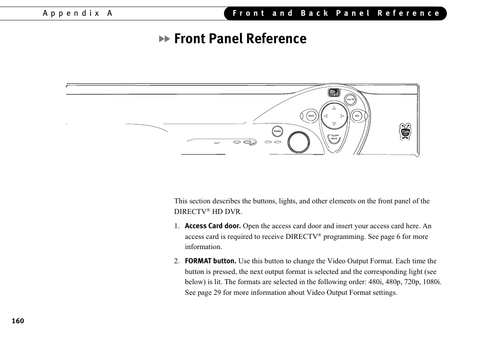 Front panel reference | DirecTV HR10-250 User Manual | Page 170 / 188