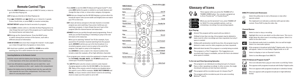 Glossary of icons, Remote control tips | DirecTV HR10-250 User Manual | Page 187 / 188