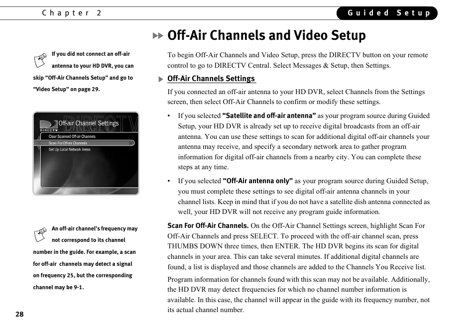 Off-air channels and video setup | DirecTV HR10-250 User Manual | Page 38 / 188