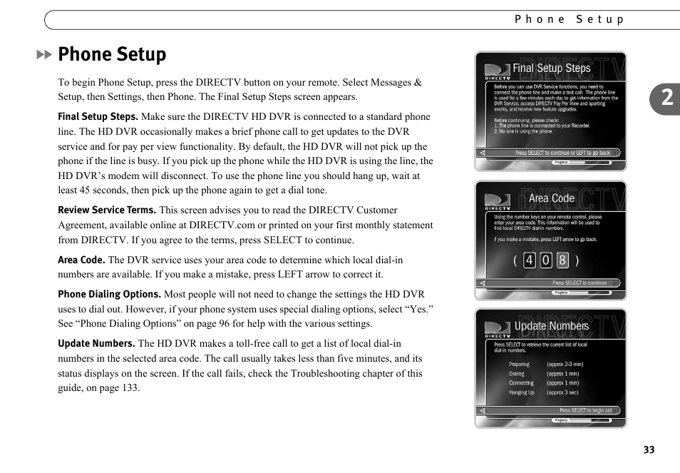 Phone setup | DirecTV HR10-250 User Manual | Page 43 / 188