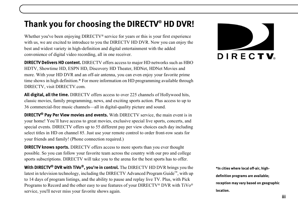 Thank you for choosing the directv® hd dvr, Hd dvr | DirecTV HR10-250 User Manual | Page 5 / 188