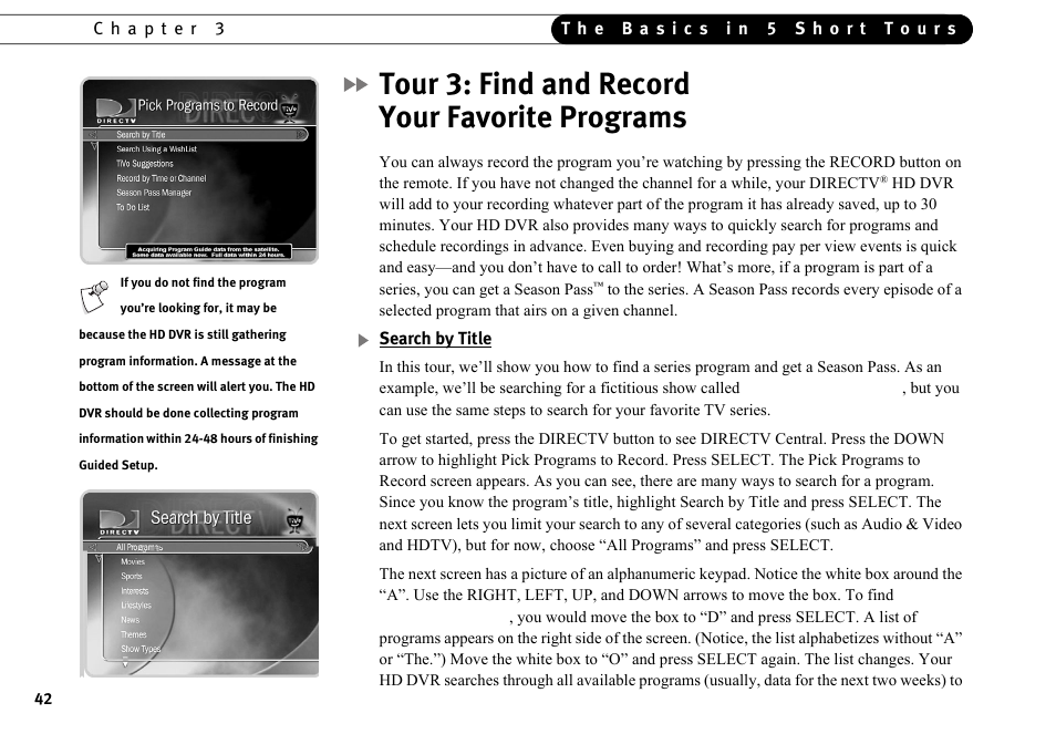 Tour 3: find and record your favorite programs | DirecTV HR10-250 User Manual | Page 52 / 188