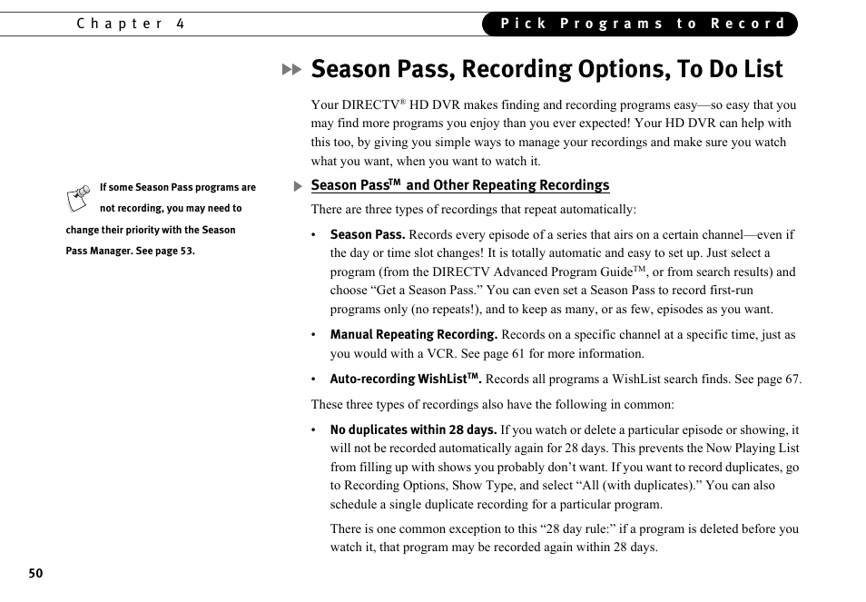 Season pass, recording options, to do list | DirecTV HR10-250 User Manual | Page 60 / 188
