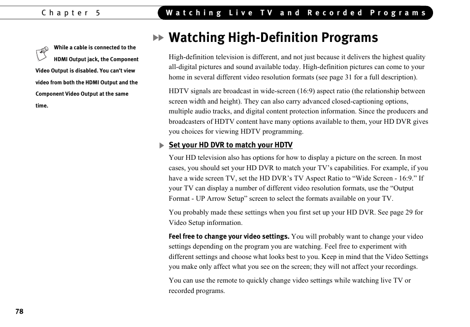 Watching high-definition programs | DirecTV HR10-250 User Manual | Page 88 / 188