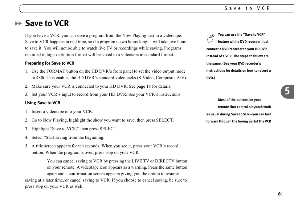 Save to vcr | DirecTV HR10-250 User Manual | Page 91 / 188