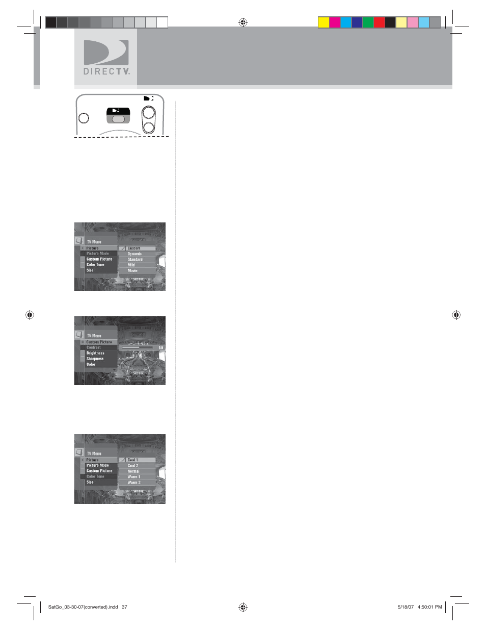Using the tv menu, Picture | DirecTV SAT GO User Manual | Page 38 / 65