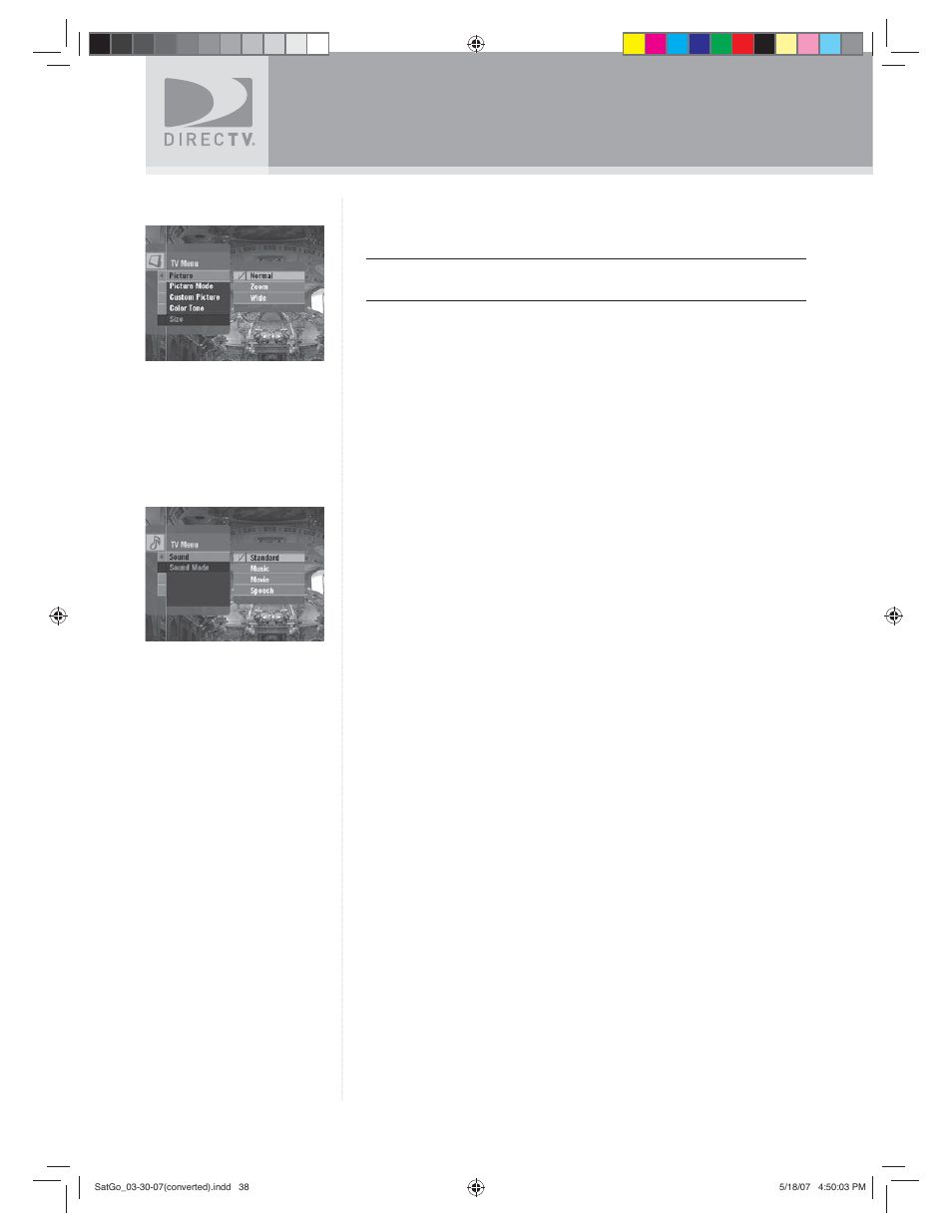 Using the tv menu, Sound | DirecTV SAT GO User Manual | Page 39 / 65