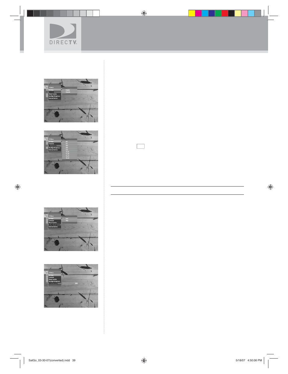 Using the tv menu, Settings | DirecTV SAT GO User Manual | Page 40 / 65