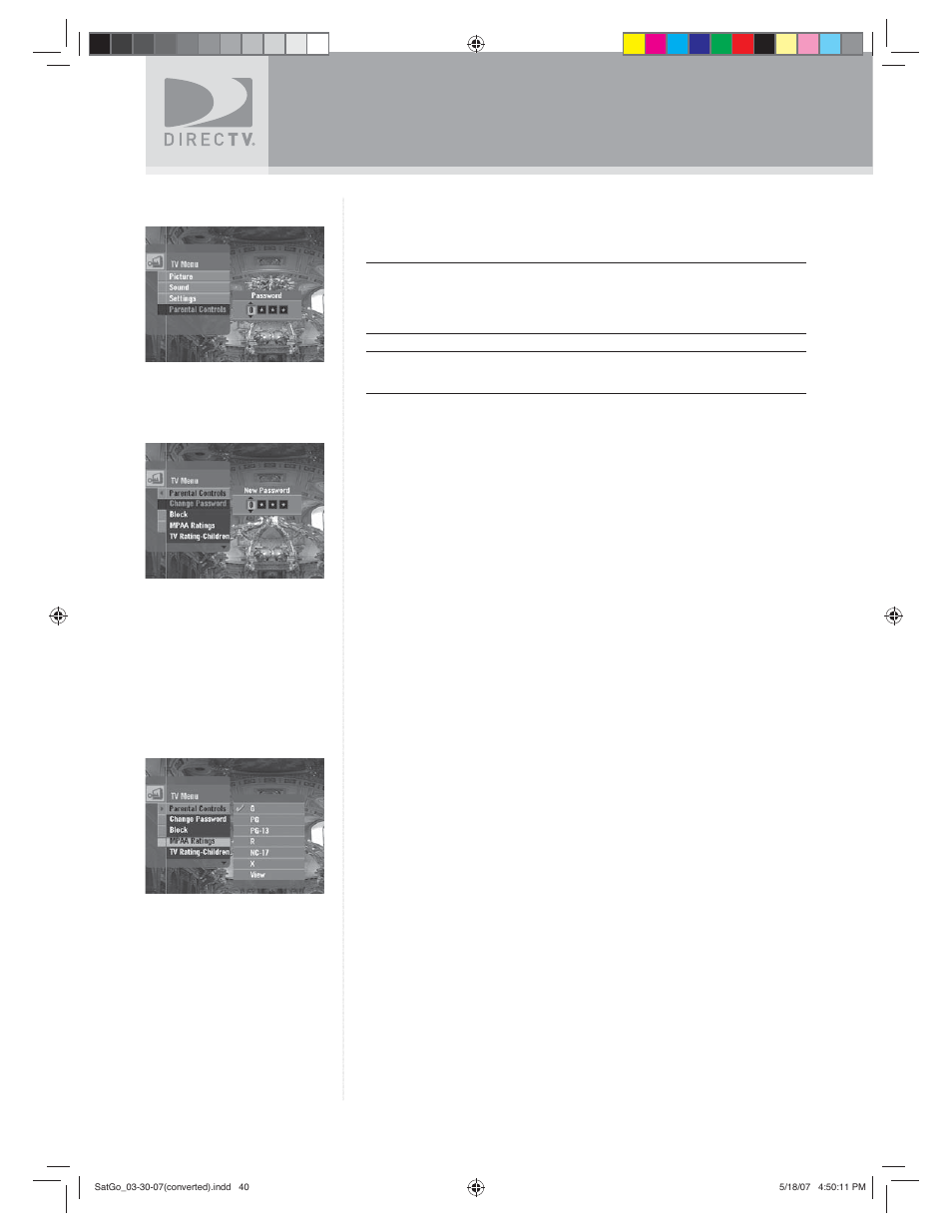 Using the tv menu, Parental controls | DirecTV SAT GO User Manual | Page 41 / 65