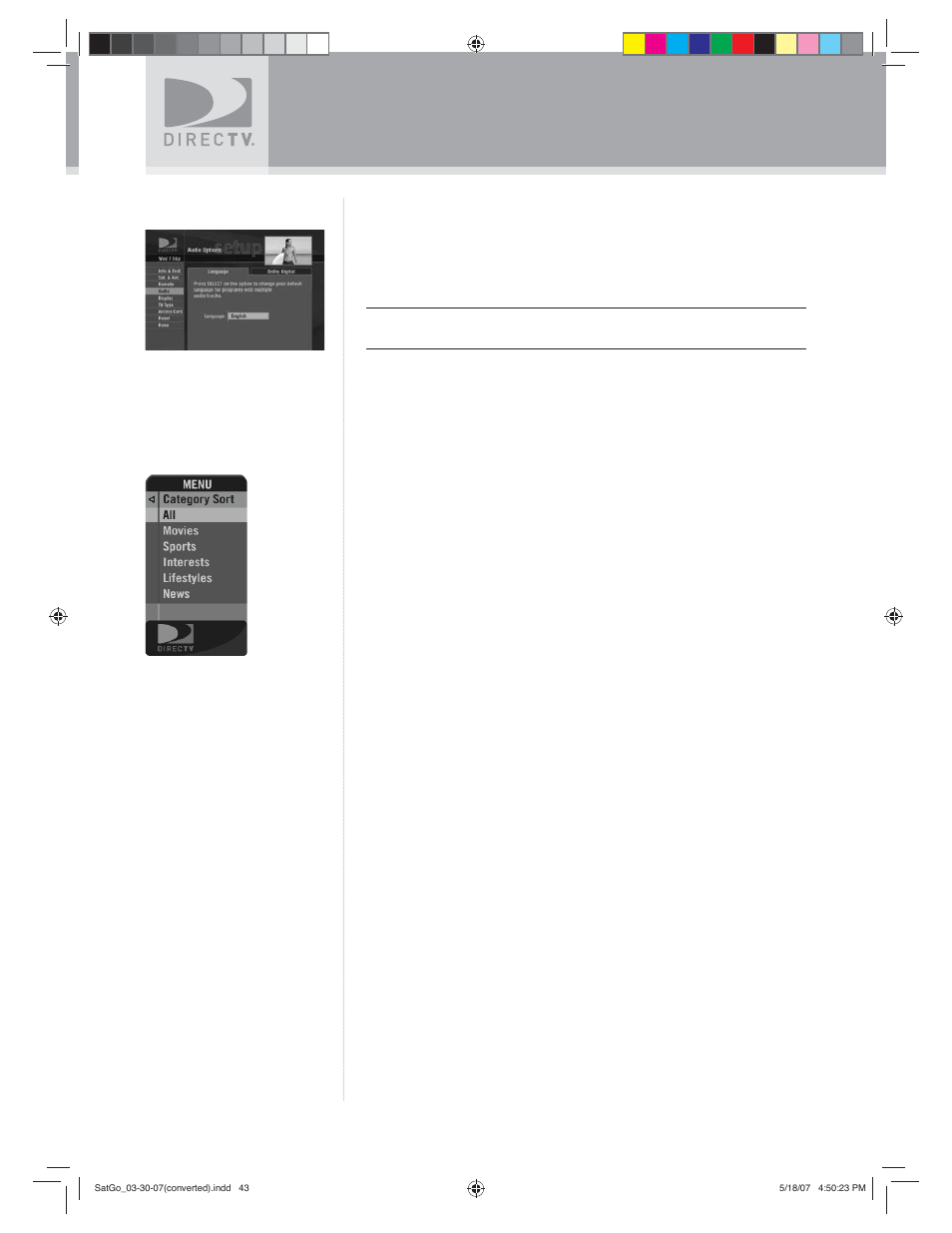 Using the menu, Audio options, Category sort | DirecTV SAT GO User Manual | Page 44 / 65